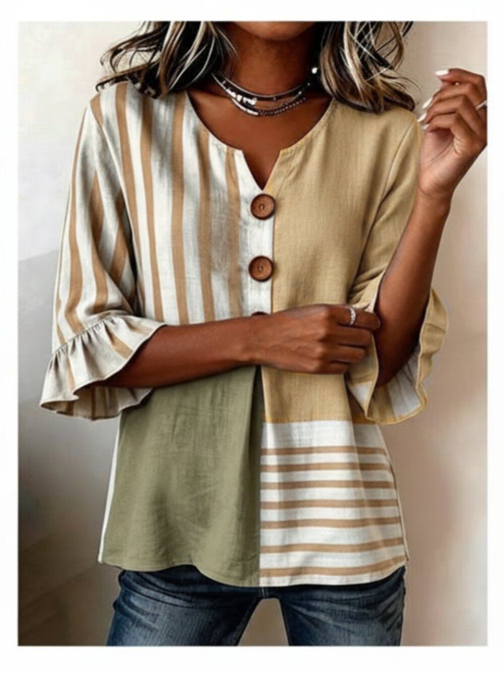 NWTβVintage Patchwork Boho Striped Ruffle Sleeve Blouse Top Sz 14